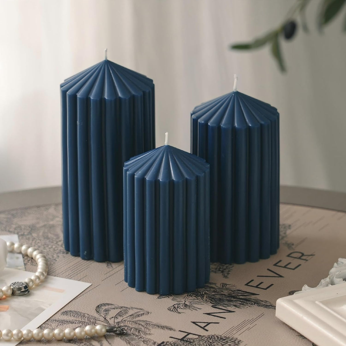 Blue Ribbed Pillar Candles Set of 3,Soy Wax Unscented Candle