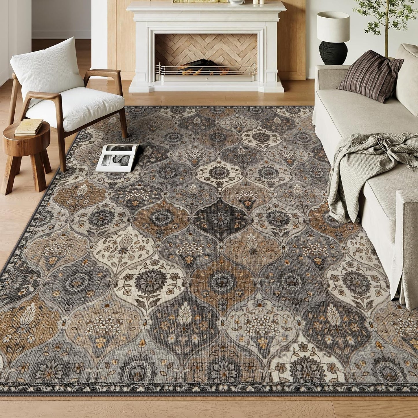 Moroccan 8X10 Area Rugs for Living Room, Washable Rugs Ultra-Thin Oriental Non-Slip, Grey
