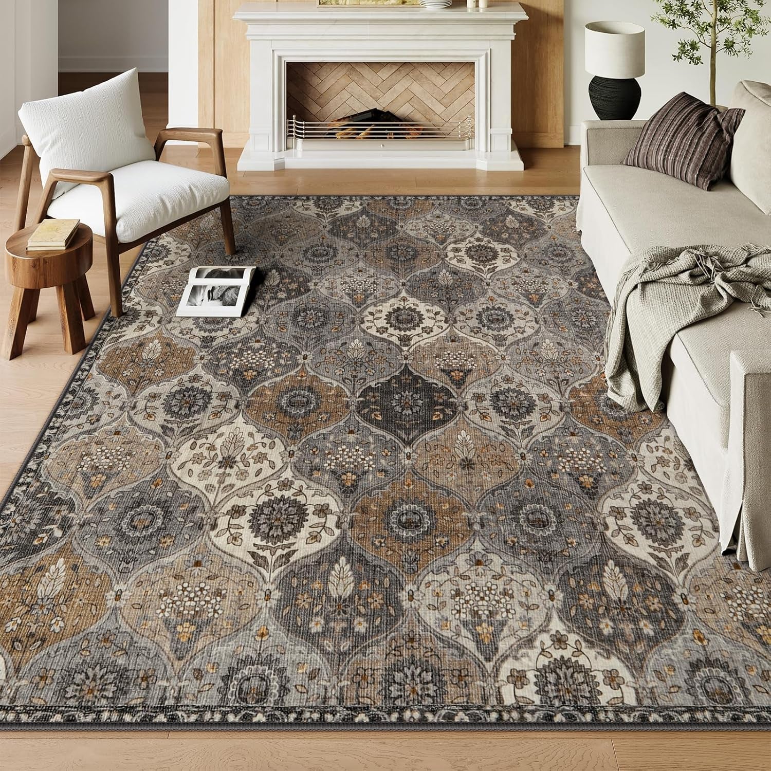 Moroccan 8X10 Area Rugs for Living Room, Washable Rugs Ultra-Thin Oriental Non-Slip, Grey