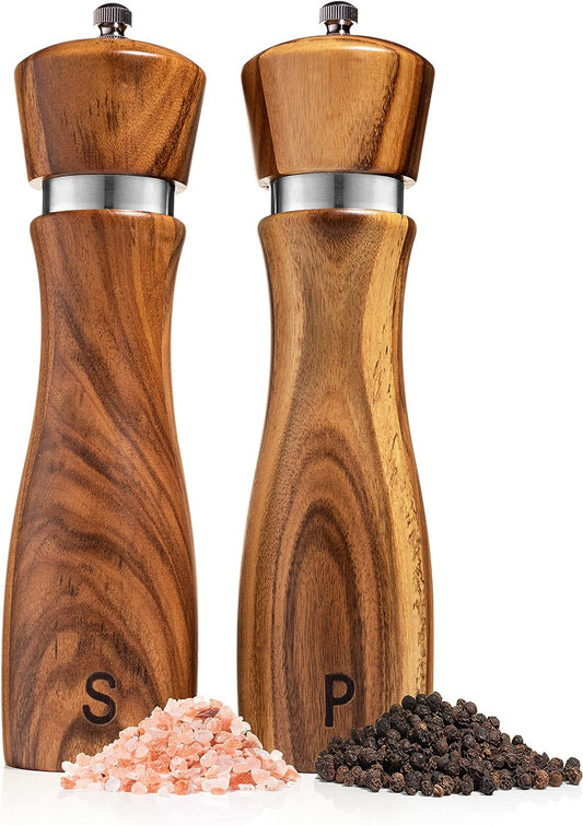 Wooden Salt and Pepper Grinder Set: Refillable Salt & Pepper Mills Adjust for Customized Coarseness, 8 Inches Each