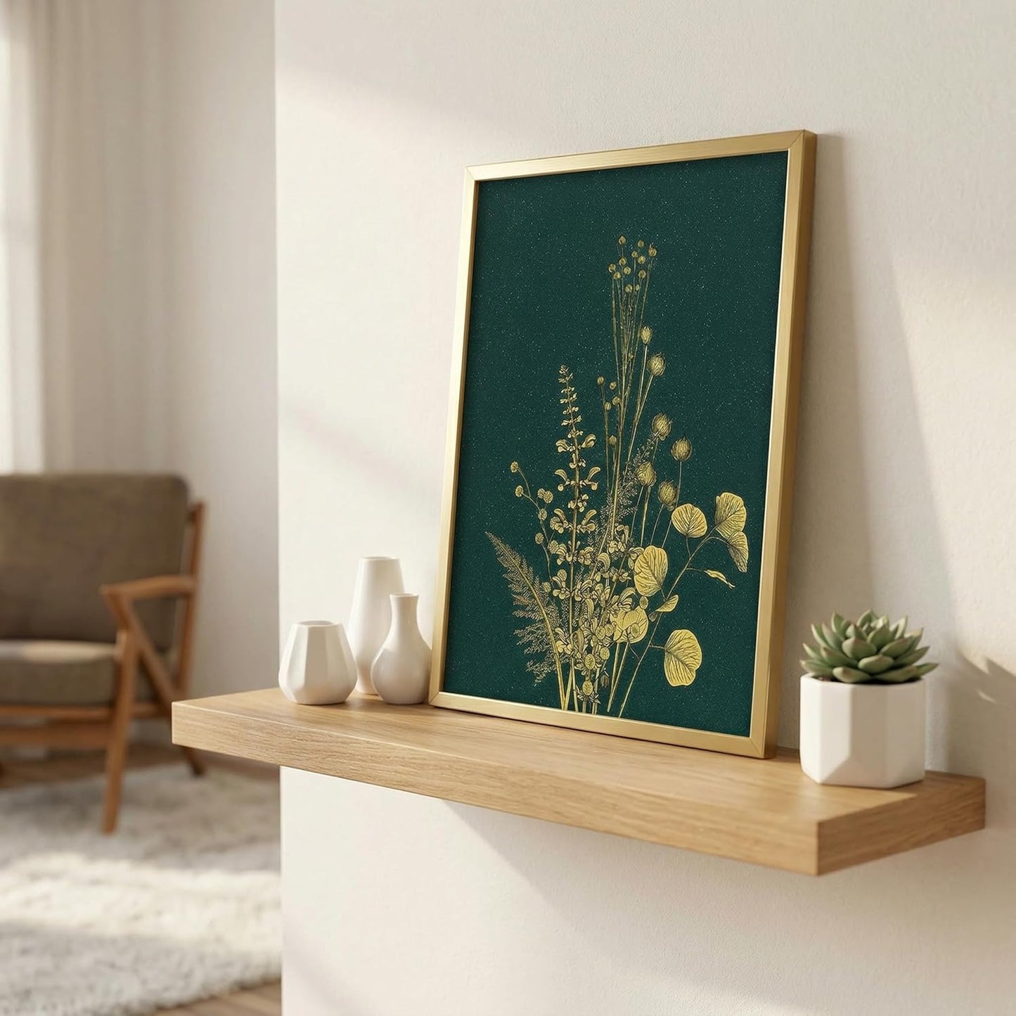 Hand-Painted Gold Gilded Wall Art, Luxury Emerald Green 3D Textured Floral Pictures with Frame 12X16 