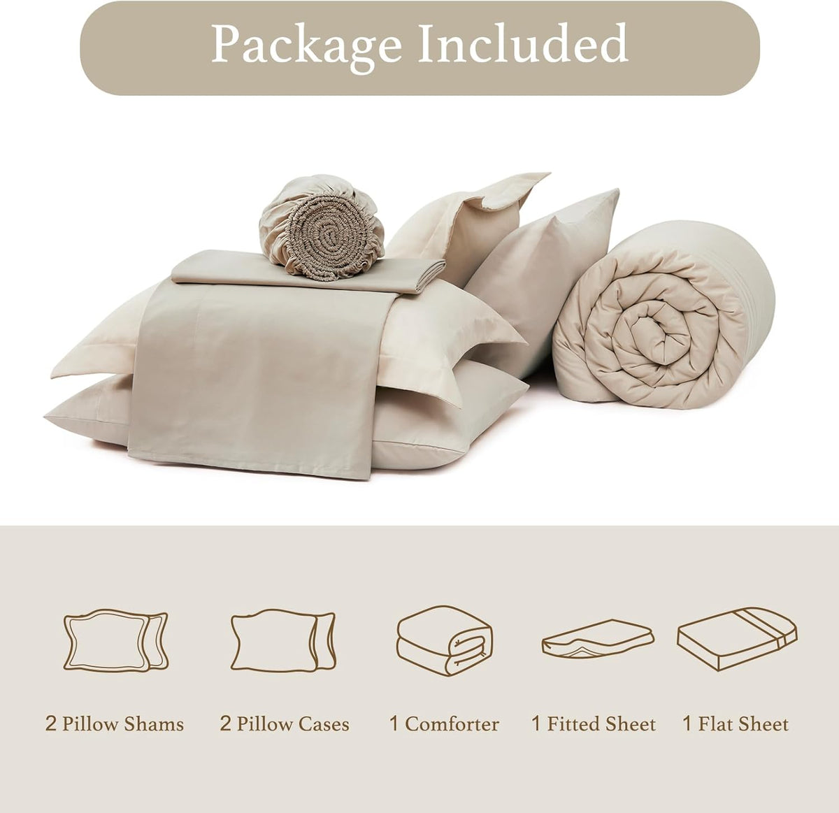 Queen Comforter Set-7 Pieces Beige Soft Bed in a Bag Queen Bedding Sets