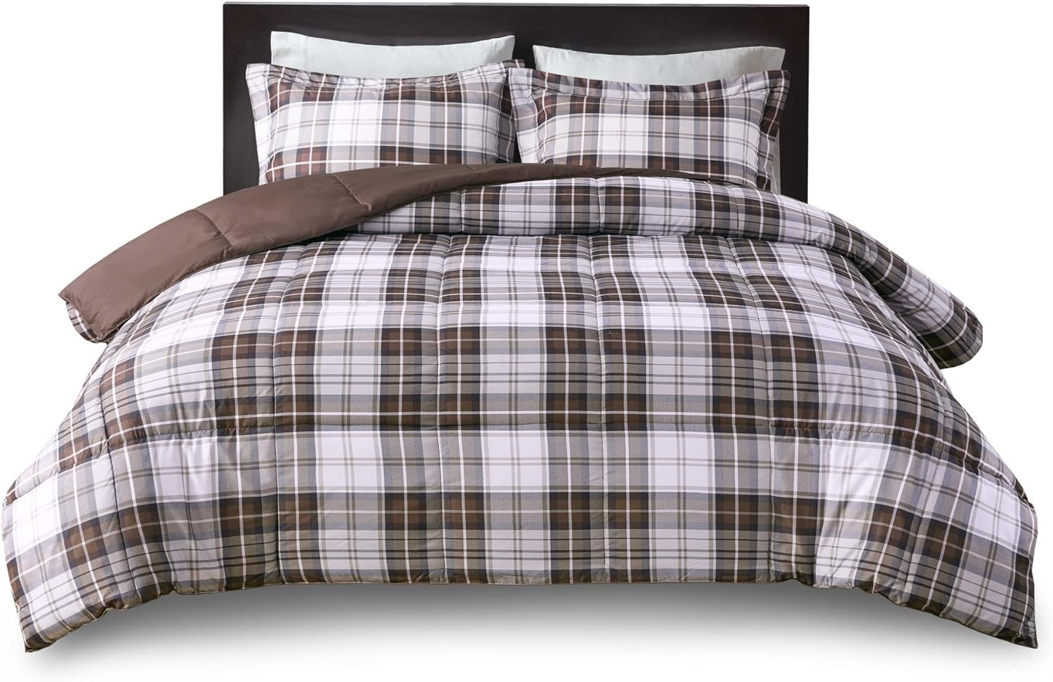 Essentials Parkston Plaid Comforter Set, Full/Queen, Brown, 3 Piece