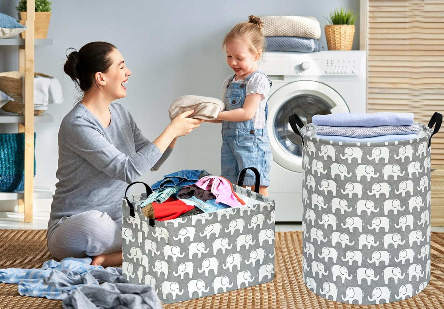 Baby Laundry Basket Kids Elephant Pattern Hamper, Large Storage Decor