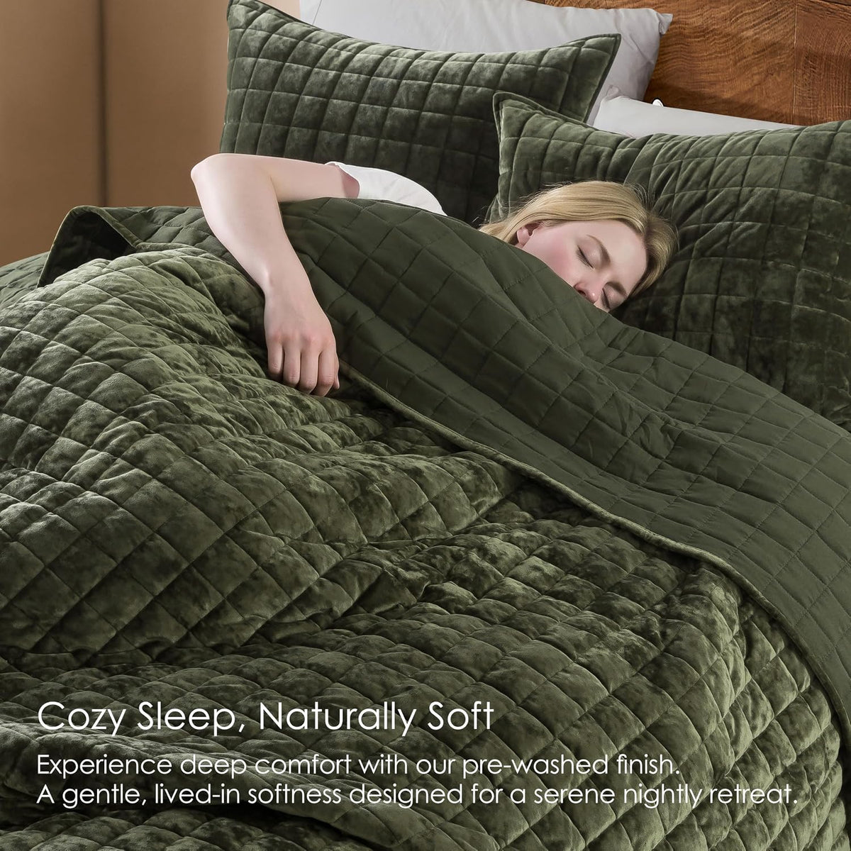 Channel Box Stitch Velvet Quilt Bedding Set, Queen, Olive Green