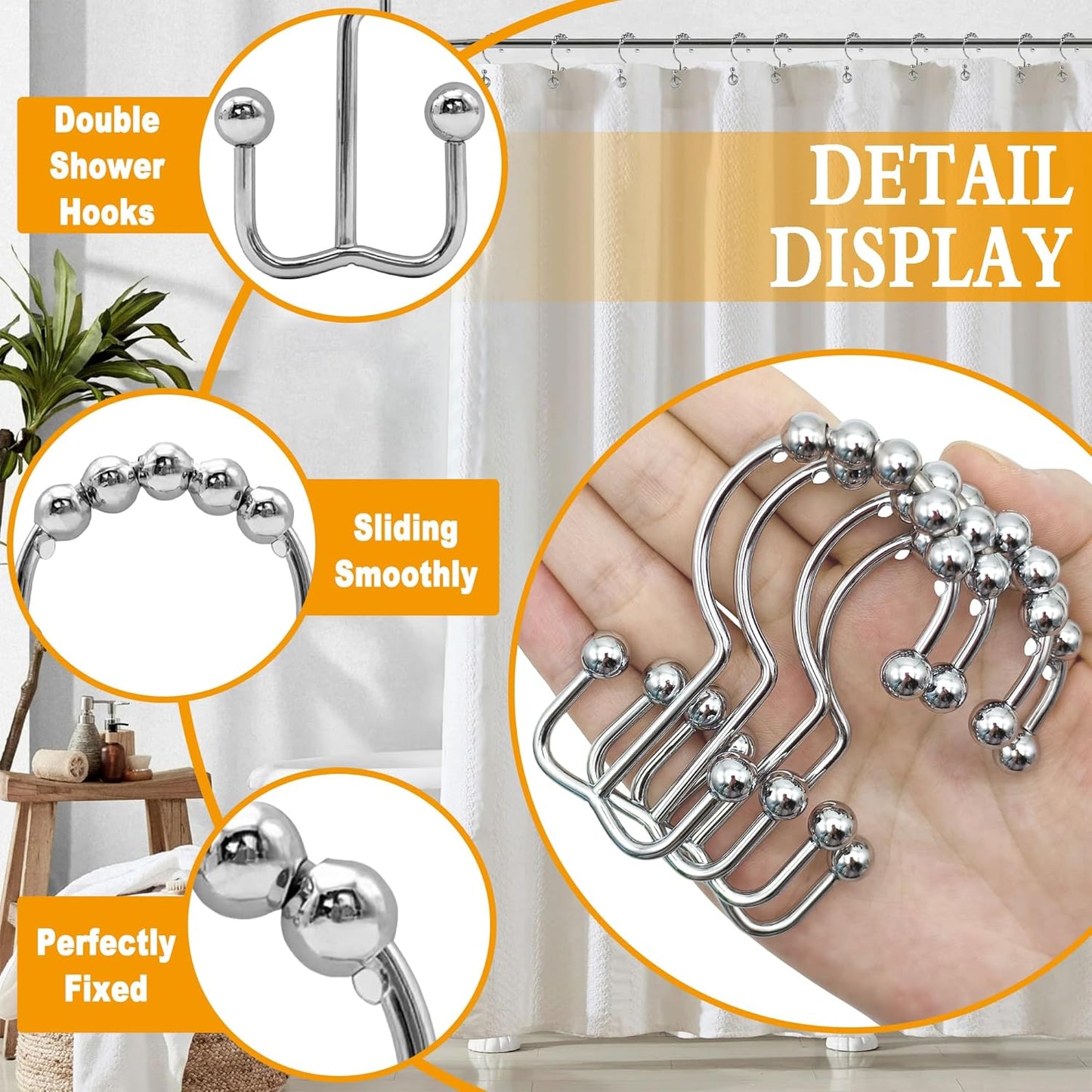 Shower Curtain Hooks,12 Pcs Rustproof Metal Shower Curtain Rings, Free Sliding Double Shower Hooks for Shower Curtain & Liners(Silver)