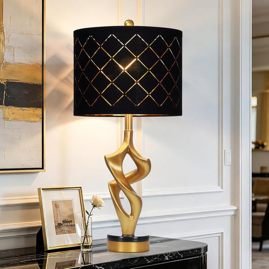 29" Tall Black and Gold Table Lamp, 3 Color Temperatures, Modern Sculptural Resin Lamp with Grid Shade (1 LED Bulb Included)