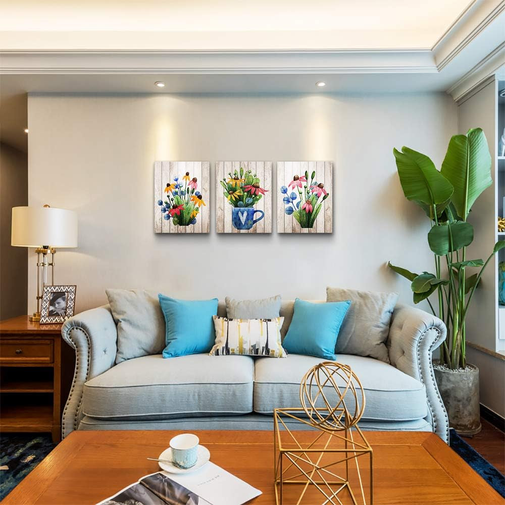 Vintage Wood Grain Plant Flowers Wall Art for Kitchen, 3 Pieces Framed Canvas