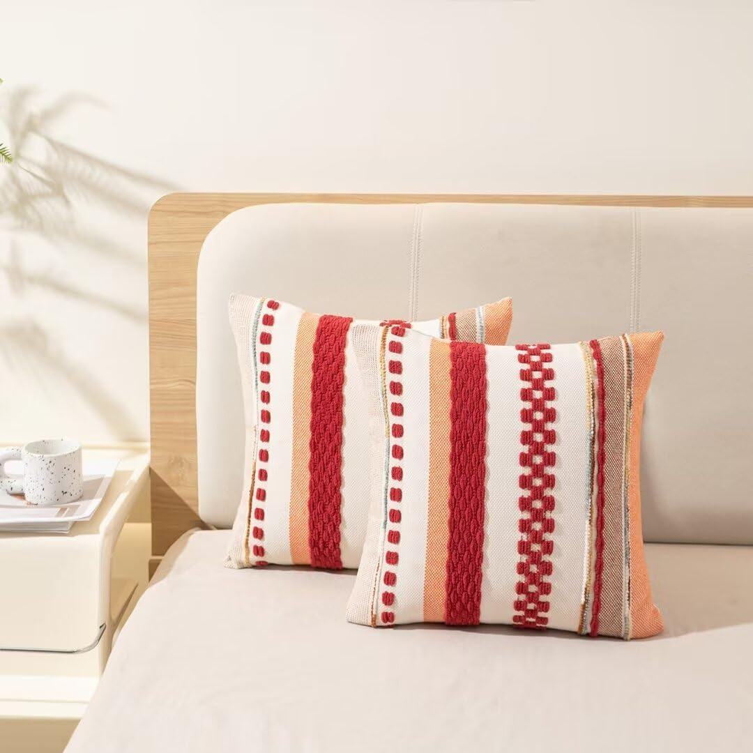 Boho Throw Pillow Covers 18X18 Set of 2 Decorative Cushion Case Striped Square Pillows Cover, Red