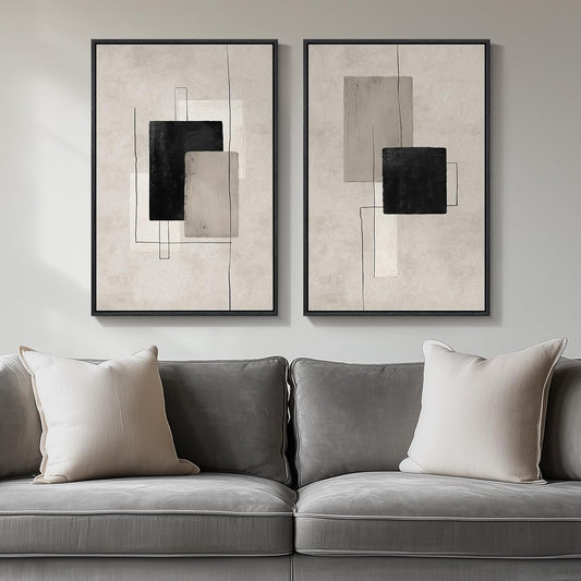 Framed Neutral Abstract Wall Art Set of 2, Black Beige Modern Canvas Prints Paintings Artwork for Walls, Minimalist Block Lines Pictures,16X24 In