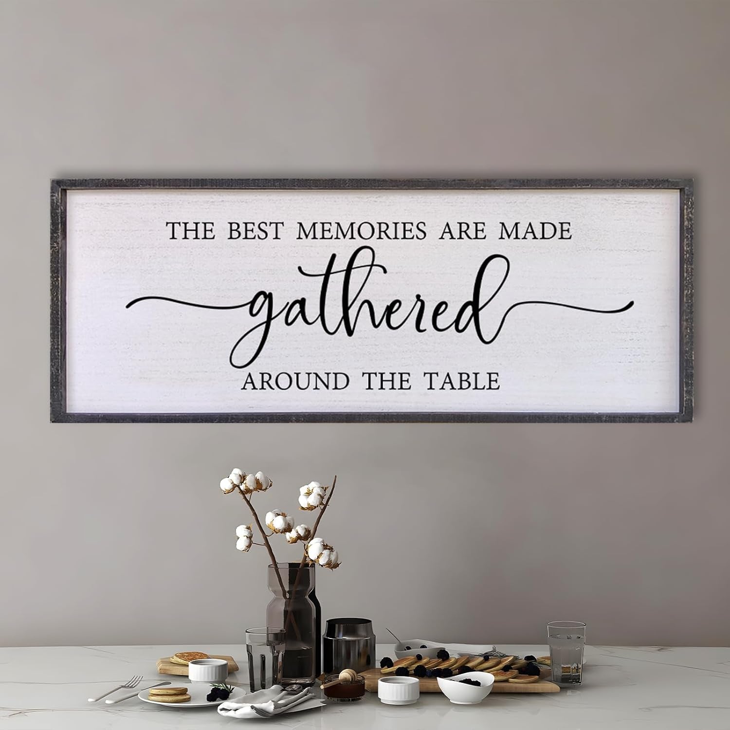 The Best Memories Are Made Gathered around the Table Wall Decor 40"X15" Large Rustic Farmhouse Wood Framed (Black)