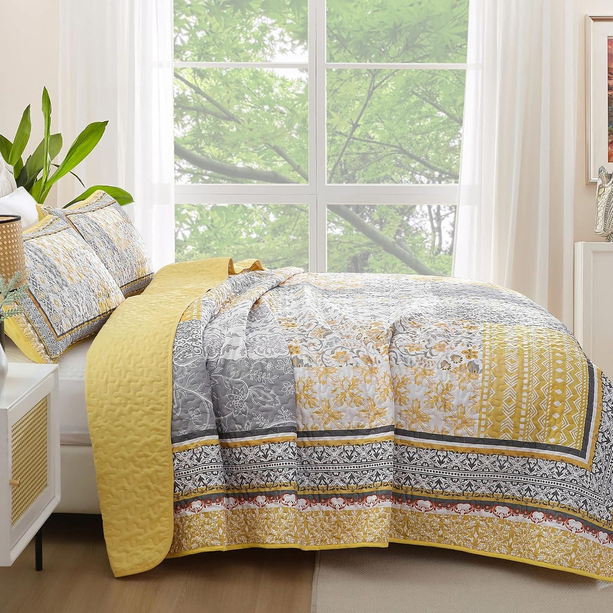 Boho Quilt Set Twin, 3 Pcs Yellow Patchwork Bedspread Set