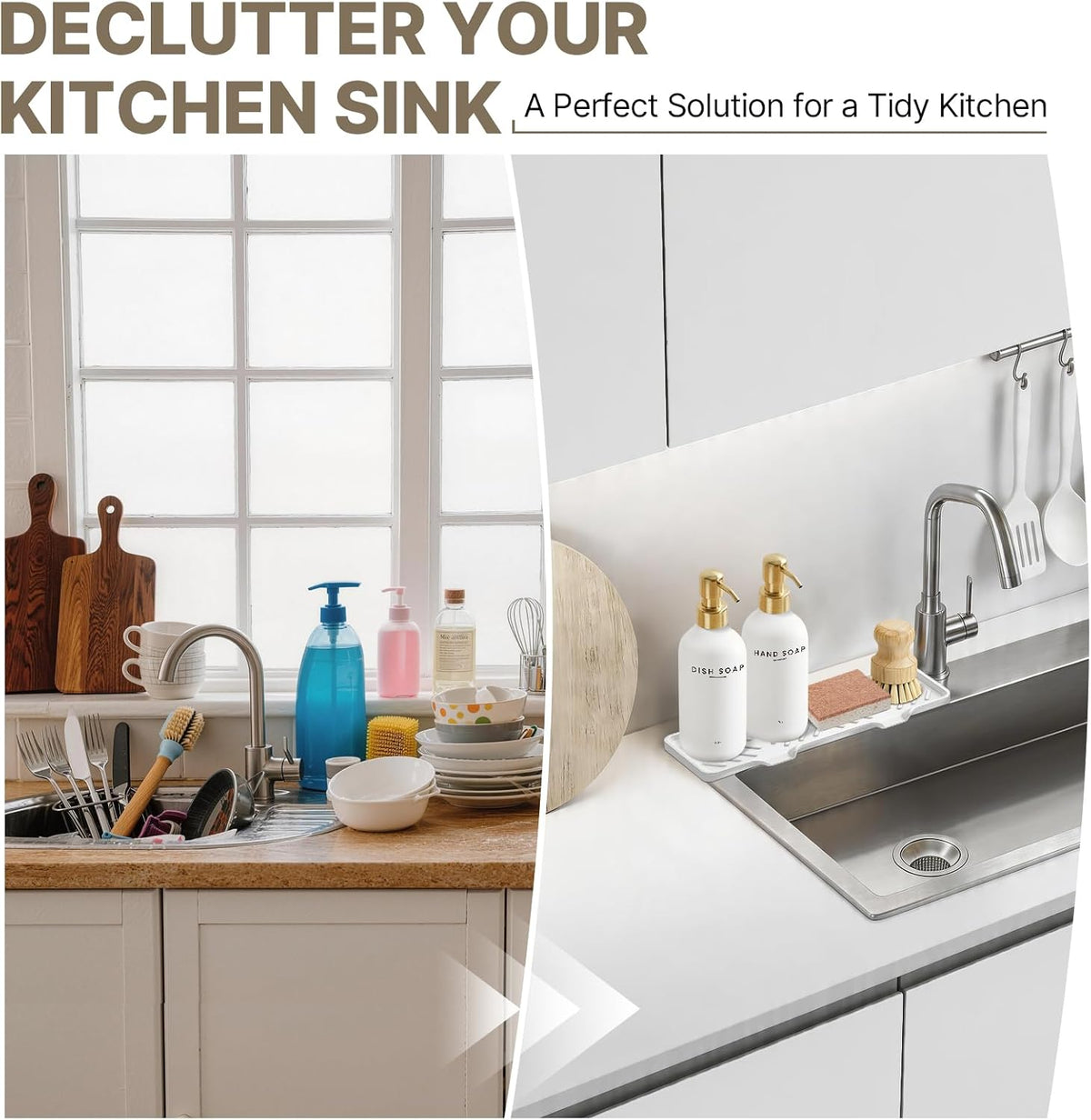 Kitchen Soap Dispenser with Self Draining Silicone Tray, Brush Sponge, Gold
