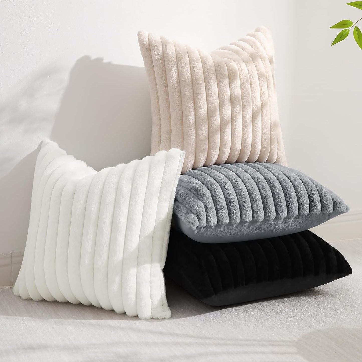Faux Fur Throw Pillow Covers 18X18 Set of 2, Decorative Soft Plush Striped Couch Pillow Covers, Velvet Black