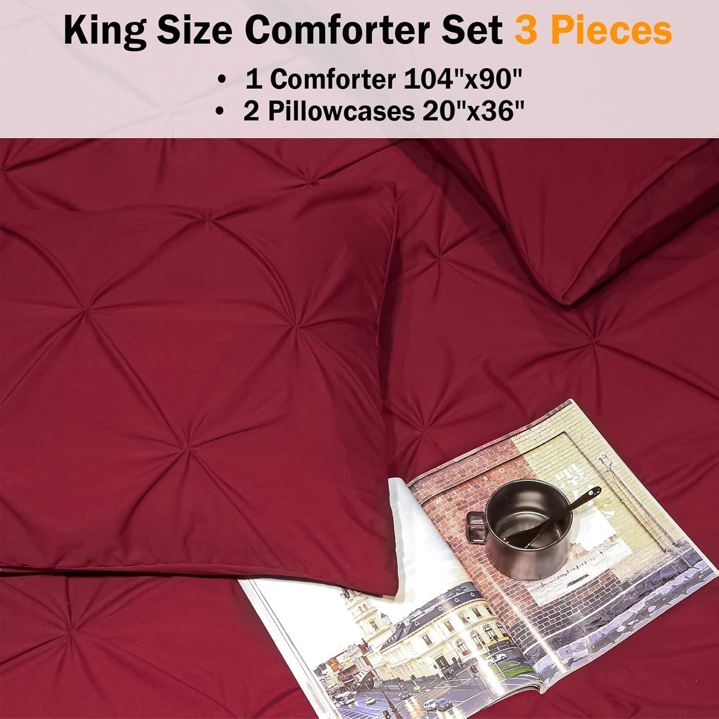 Burgundy Comforter Set King(104X90Inch), 3 Pieces, Soft Lightweight Microfiber Bedding 