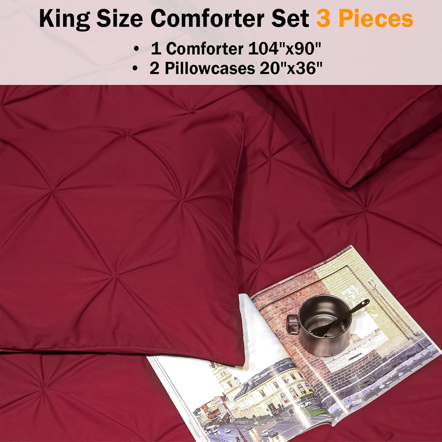 Burgundy Comforter Set King(104X90Inch), 3 Pieces, Soft Lightweight Microfiber Bedding 