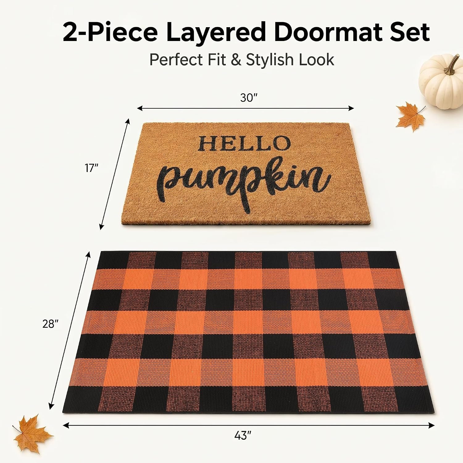 Fall Decor Door Mat Combo Set, 28 X 43 Inches Orange and Black Plaid Rug