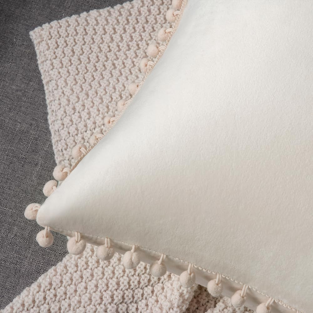 Couch Pillow Covers 20X20 Beige: 2 Pack Cozy Soft Pom-Poms Velvet Square Throw Pillow Cases for Farmhouse Home Decor