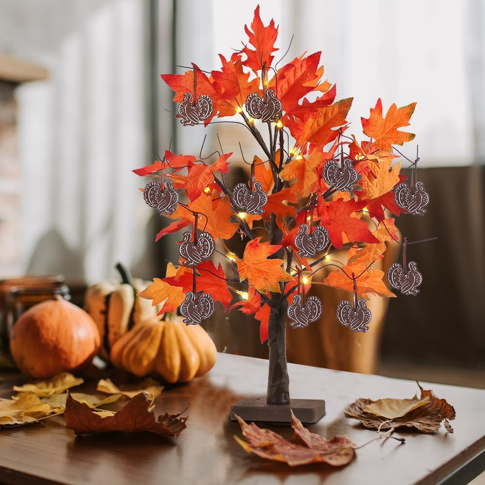 Fall Decorations for Home, 24IN 24LT Lighted Fall Maple Leaves , 2FT Brown Battery Powered