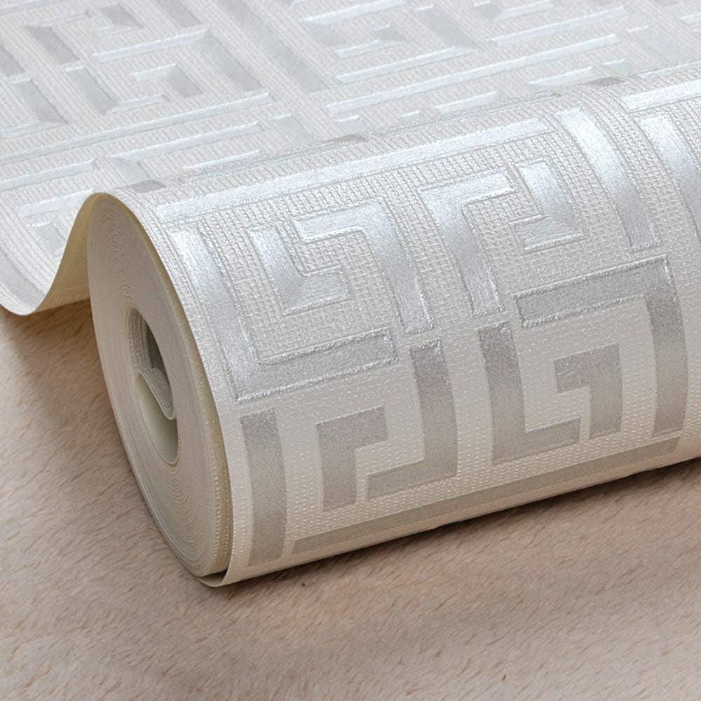 Greek Key Peel and Stick Wallpaper Modern Washable, 20.8"X236.0", Silver