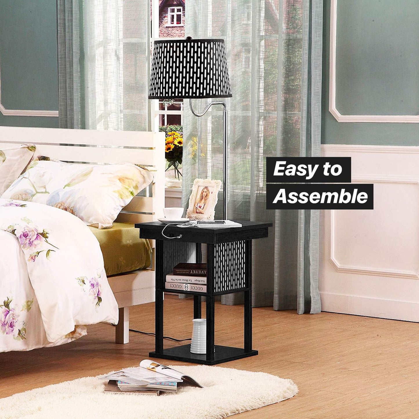 Madison Modern Side Table with Lamp Combo with LED Bulb, - Black