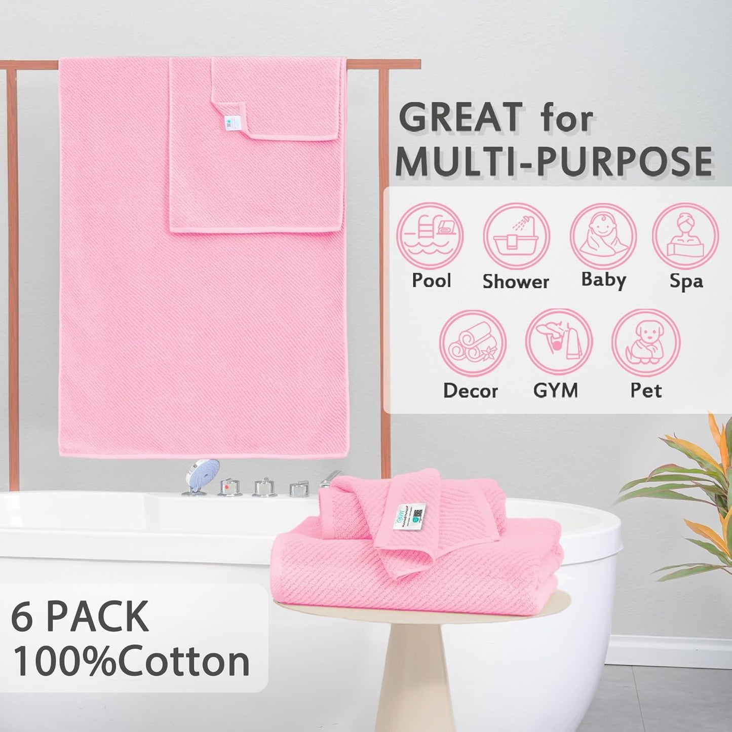 Pink Towels - 100% Cotton, Soft, Quick Dry, Lightweight, Towel Set of 6