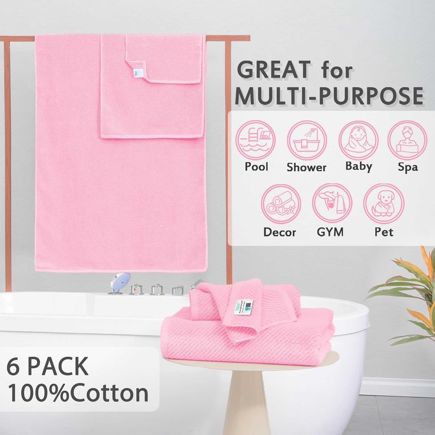 Pink Towels - 100% Cotton, Soft, Quick Dry, Lightweight, Towel Set of 6
