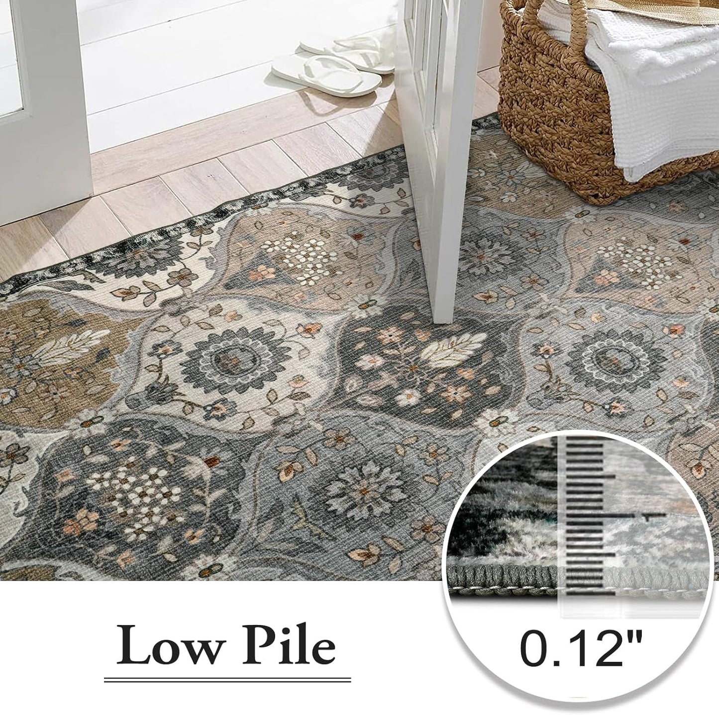 Moroccan 8X10 Area Rugs for Living Room, Washable Rugs Ultra-Thin Oriental Non-Slip, Grey