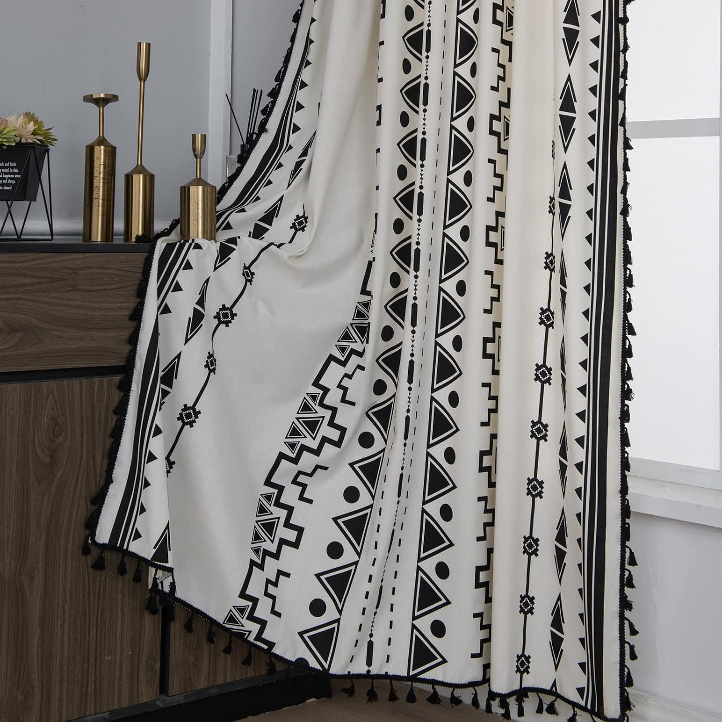 Black and White Boho Curtain 84 Inches Length for Bedroom, Printed Cotton Linen Geometric Rod Pocket Chic Semi Blackout Bohemian Tassels Window Treatment, 1 Panel 59" W X 84" L