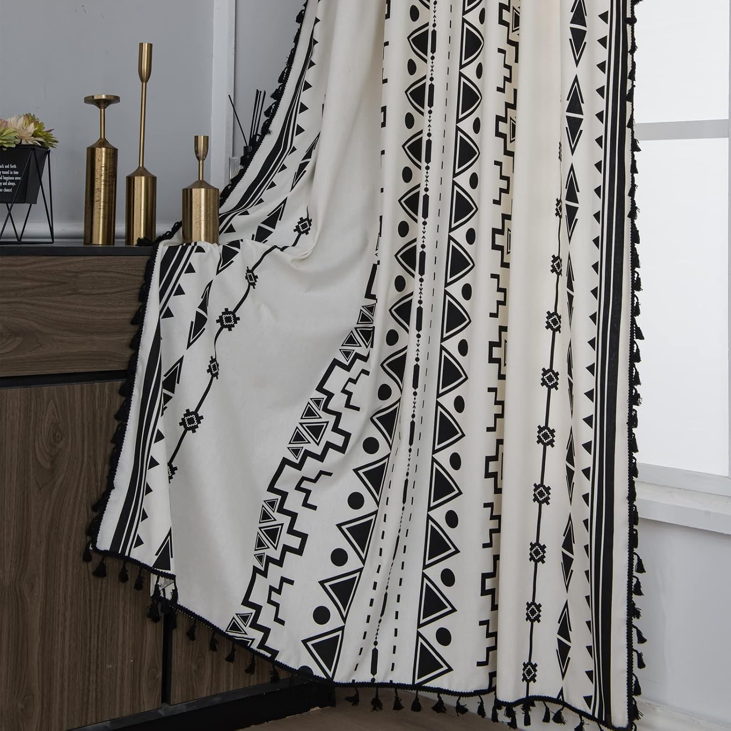 Black and White Boho Curtain 84 Inches Length for Bedroom, Printed Cotton Linen Geometric Rod Pocket Chic Semi Blackout Bohemian Tassels Window Treatment, 1 Panel 59" W X 84" L