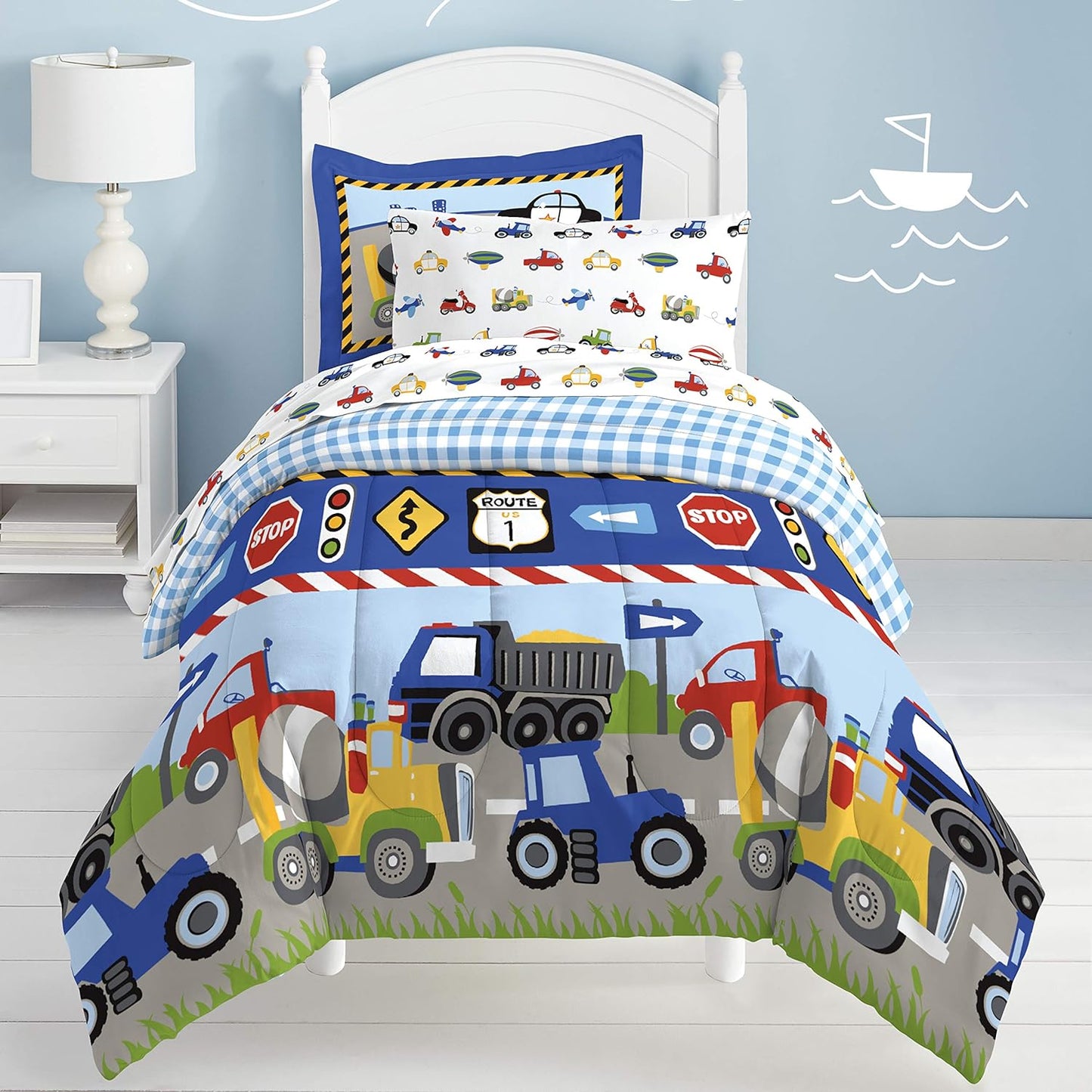 Trucks Tractors Cars Boys 5-Piece Bedding Kids Construction Comforter Sheet Set, Twin Blue Red Multi