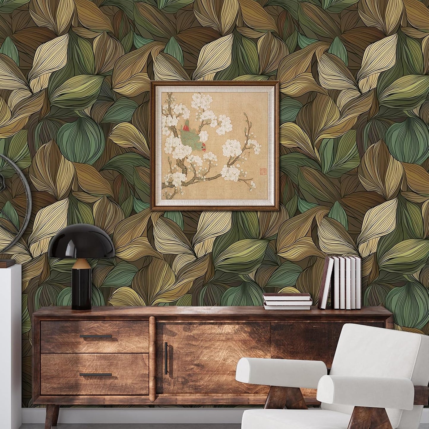 Botanical Leaf Wallpaper Peel and Stick Self Adhesive Boho Tropical Beige Green Vintage 17.71"X236.2"