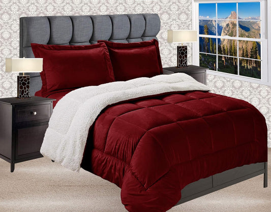 Premium Quality Heavy Weight Micromink Sherpa, 3-Piece Comforter Set, Full, Solid Burgundy