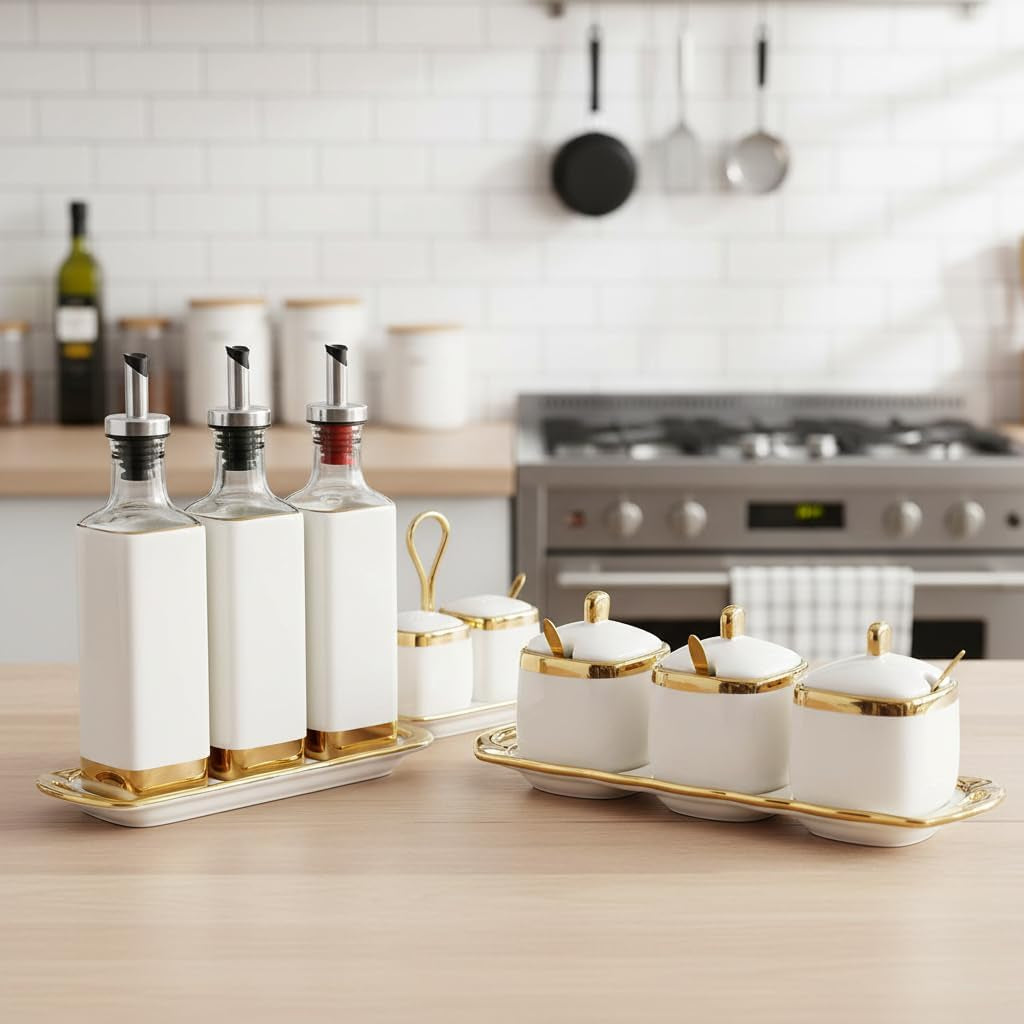 Sugar Bowl with Lid and Spoon, Ceramic Spice Containers for Countertop, Salt and Coffee Sugar Container Set, White Seasoning Bowls, Gold Condiment Container Set of 3 for Kitchen Coffee Bar