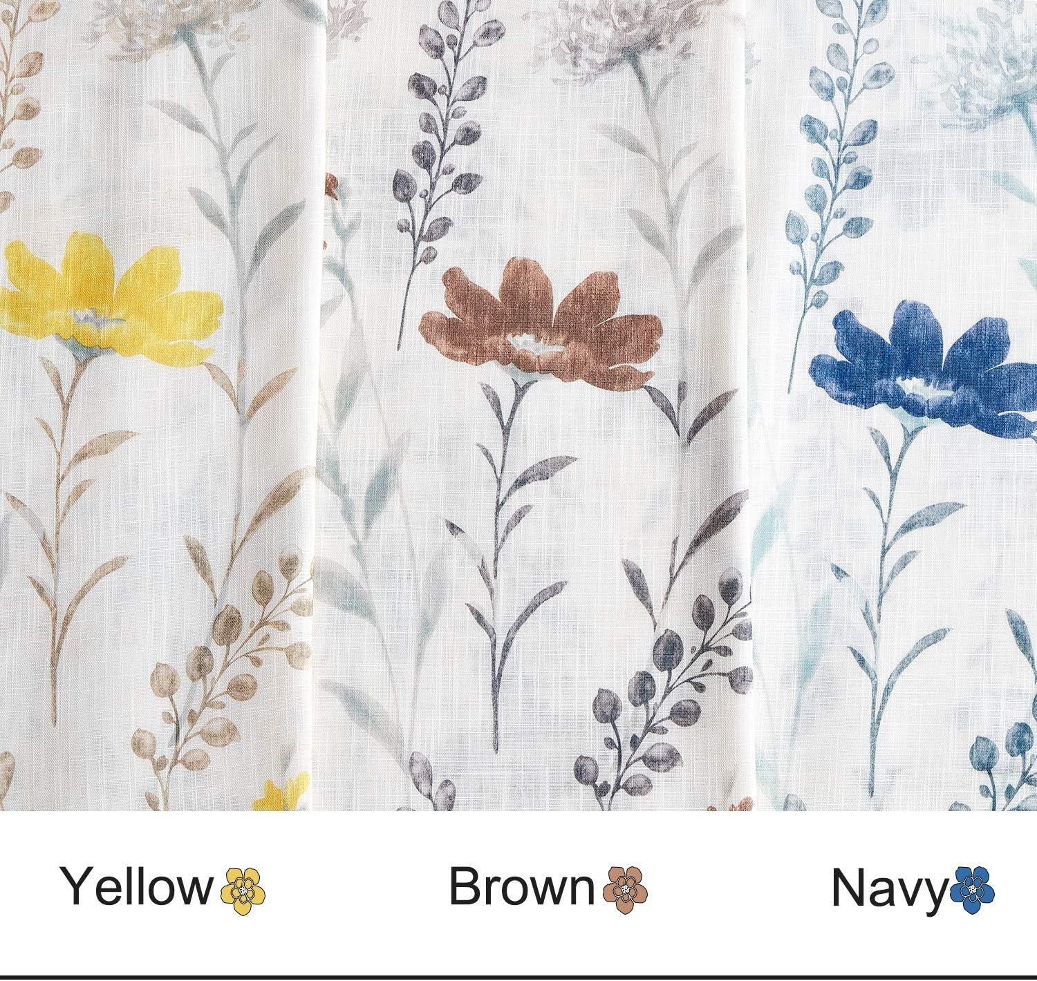 Printed Sheer Curtains Linen Textured for Living Room, Floral Leaf Design Farmhouse Style, 52 X 84 Inch, Yellow