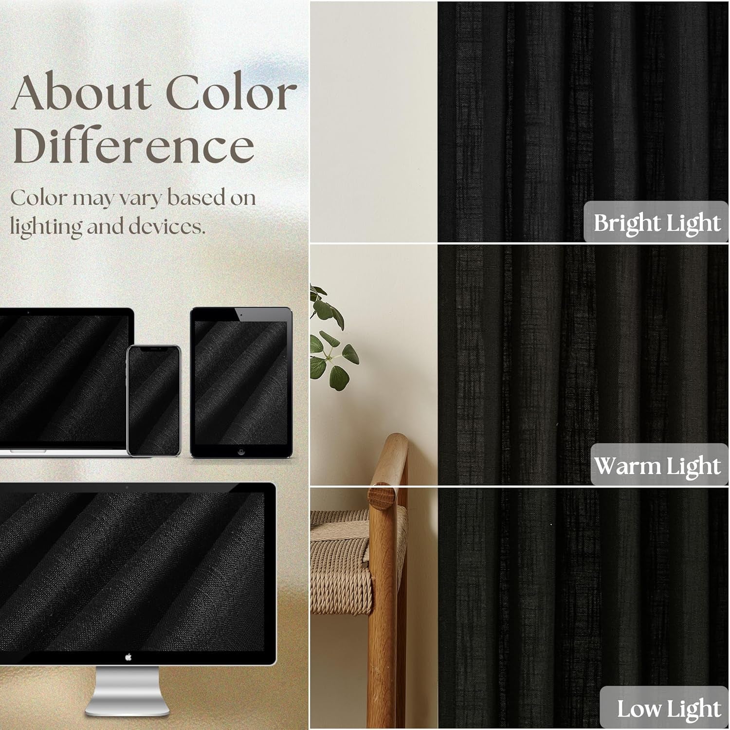 Black Linen Semi Sheer Curtains 90 Inches Long, Light Filtering, Pinch Pleated Curtains 