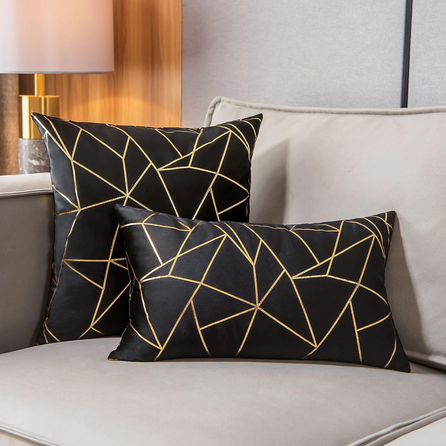 Pack of 2 Soft Velvet Lumbar Throw Pillow Covers Decorative Gold Foil Geometric Pattern Cute Cushion Case for Modern Homes Sofa Couch Bedroom Living Room Car (Black and Gold, 12“X20”)