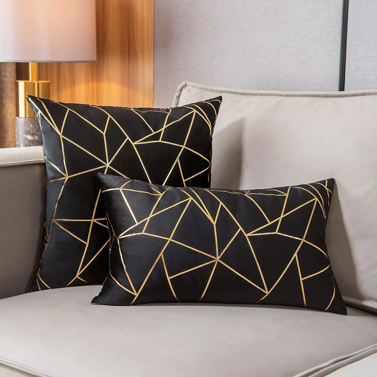 Pack of 2 Soft Velvet Lumbar Throw Pillow Covers Decorative Gold Foil Geometric Pattern Cute Cushion Case for Modern Homes Sofa Couch Bedroom Living Room Car (Black and Gold, 12“X20”)