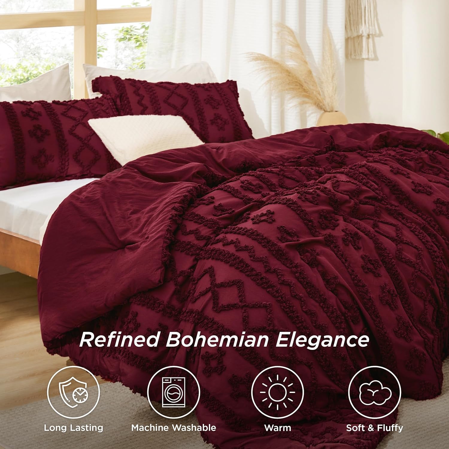 Tufted Boho Comforter Set Twin Size - Dark Red Boho Bed Set, Gentle soft™ 2 Pieces Farmhouse Shabby Chic Embroidery Bedding, Soft Jacquard Twin Comforter for All Seasons