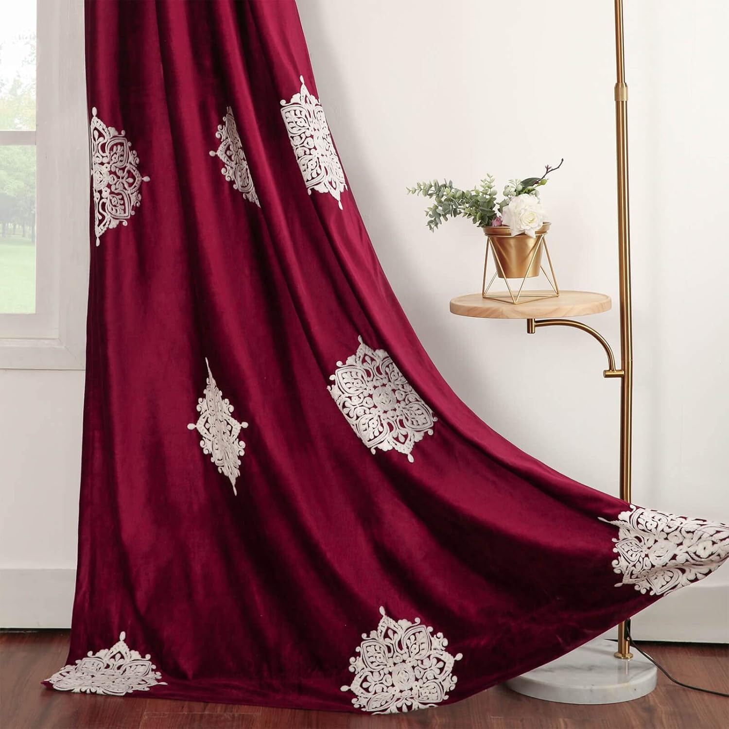 Short Floral Curtains & Drapes, Burgundy Red Velvet, Elegant Panels, 52X63, 2 Pieces