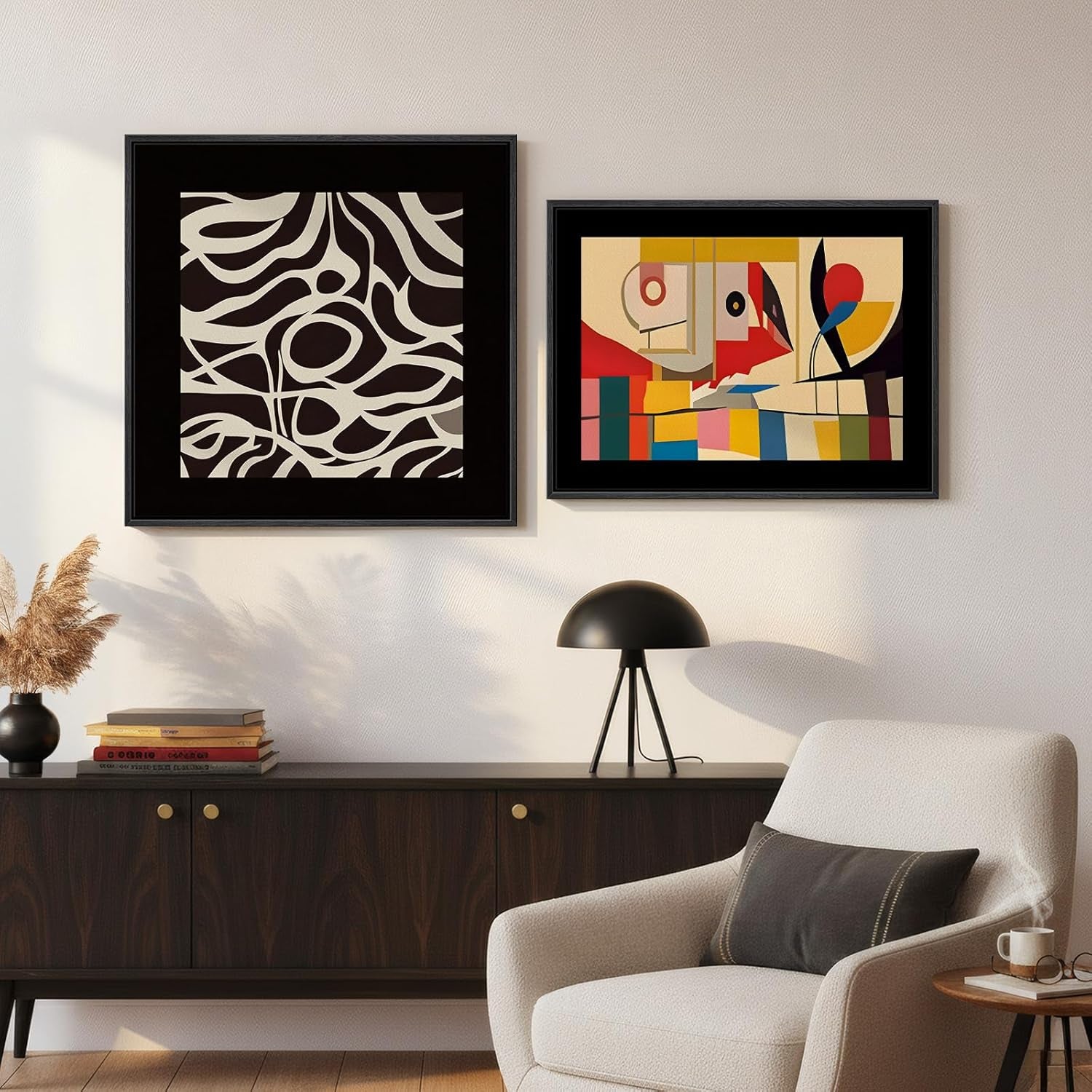 Framed Black Colorful Abstract Wall Art for Living Room, Set of 2 Mid Century Modern Geometric Line Artwork for Walls, 24X24 & 24X18 In