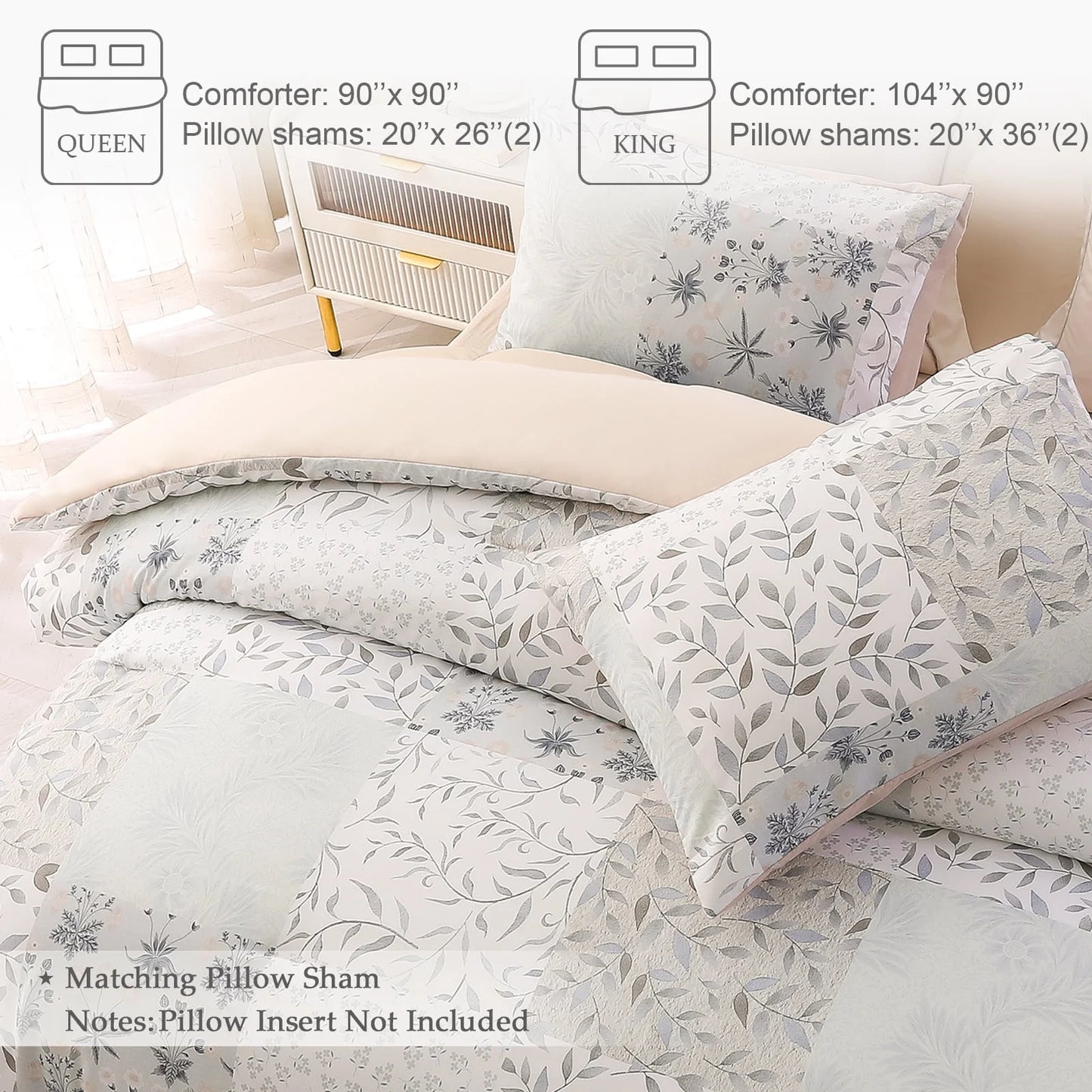 3-Piece Patchwork King Size Comforter Set, Microfiber Bedding down Alternative Comforter for All Seasons with 2 Pillow Shams, Grey and Camel