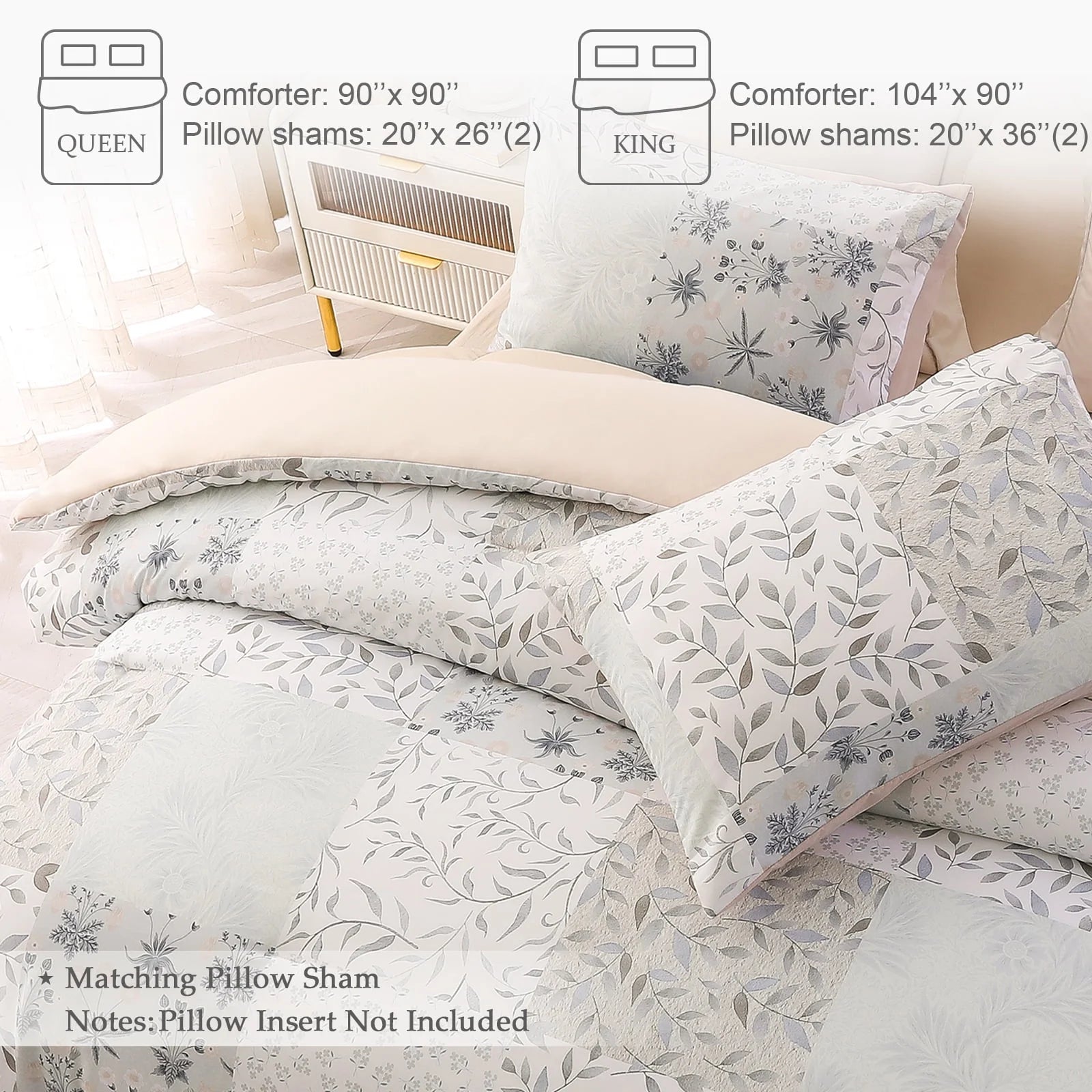 3-Piece Patchwork King Size Comforter Set, Microfiber Bedding down Alternative Comforter for All Seasons with 2 Pillow Shams, Grey and Camel