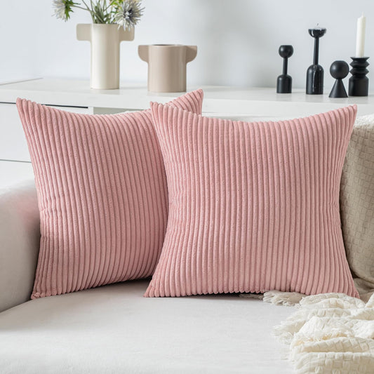 Pack of 2 Blush Pink Corduroy Pillow Covers Soft Soild Striped Throw Pillow Covers Set Decorative Square Cushion Cases Pillowcases for Spring Sofa Bedroom Couch 18 X 18 Inch