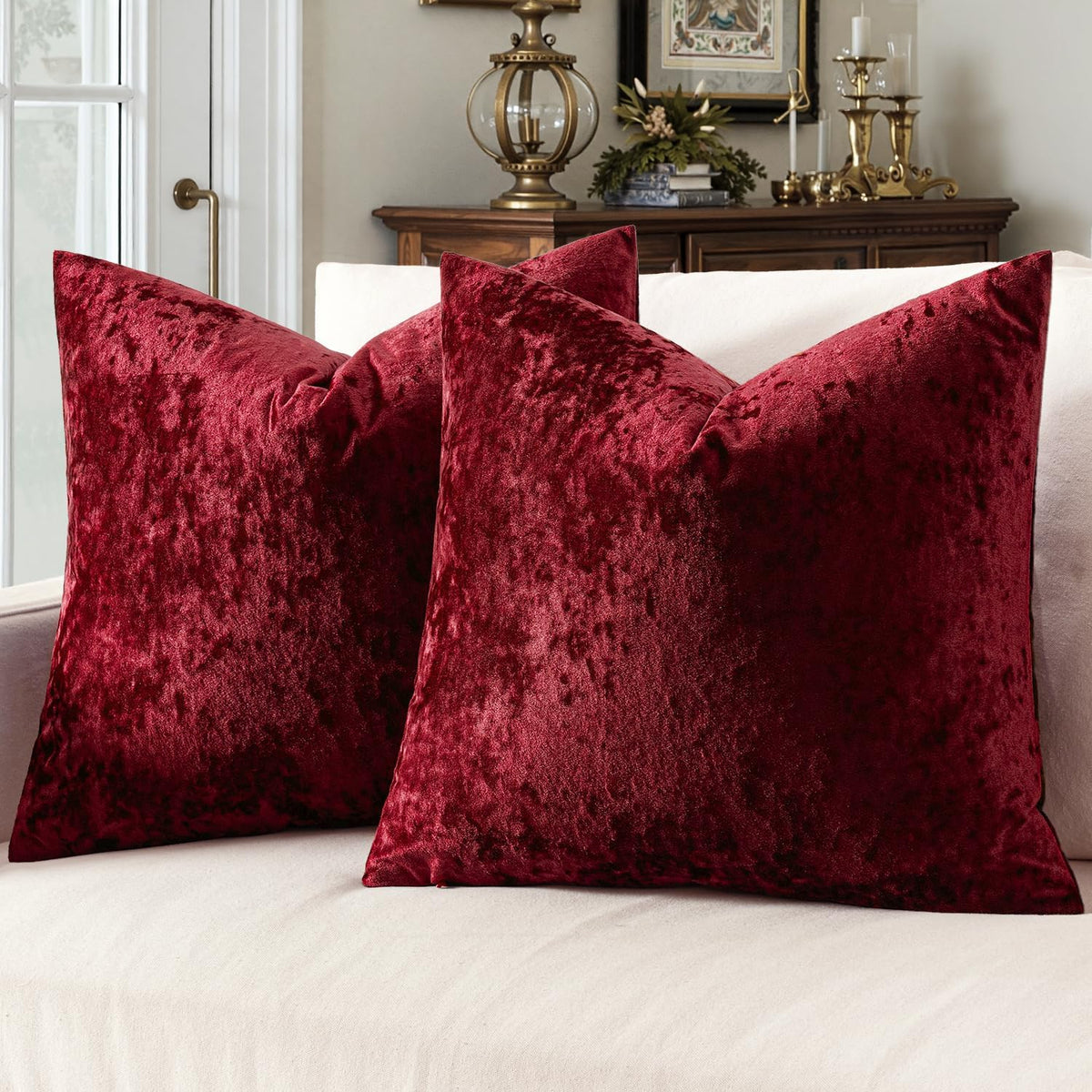Velvet Throw Pillow Covers Burgundy 20X20 Inch Set of 2