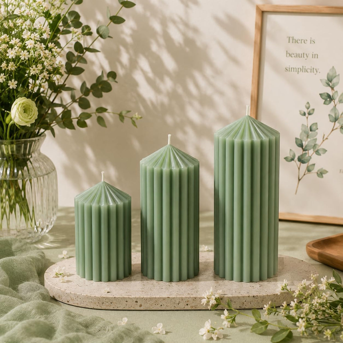 Sage Green Ribbed Pillar Candles 3 Pack, Soy Wax Unscented