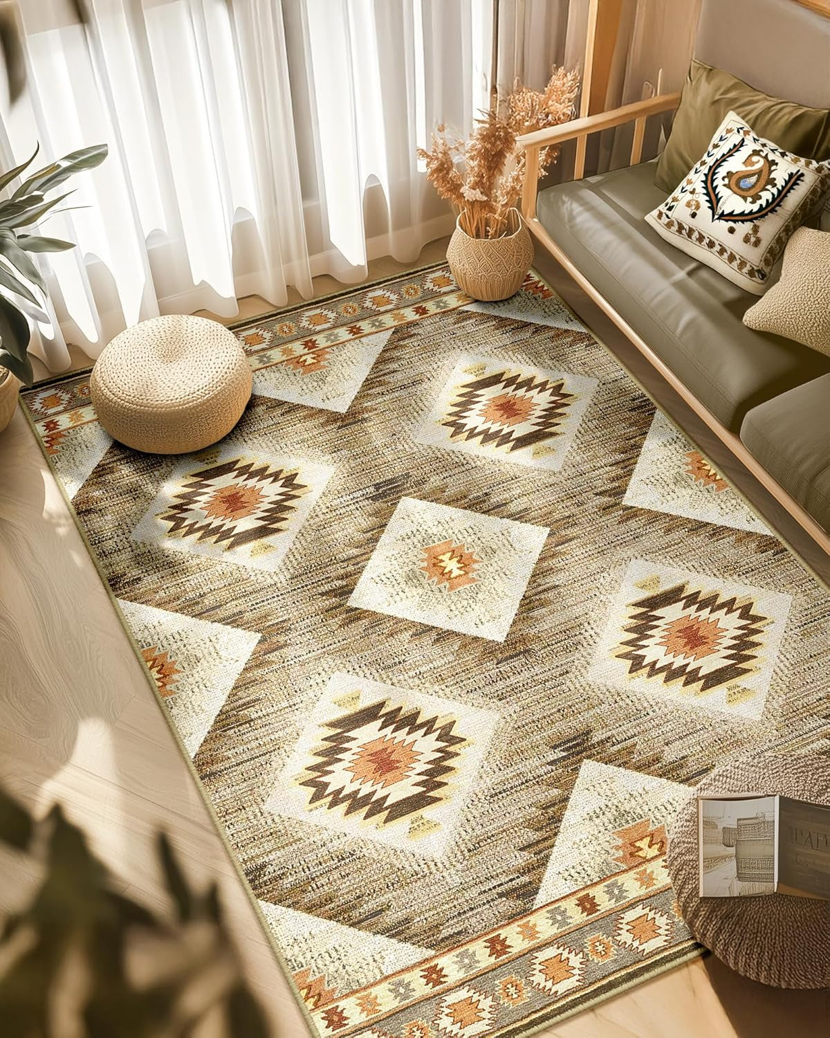 Area Rug 5X7 Machine Washable Non-Slip Print Pattern Western Rug -Cream/Camel