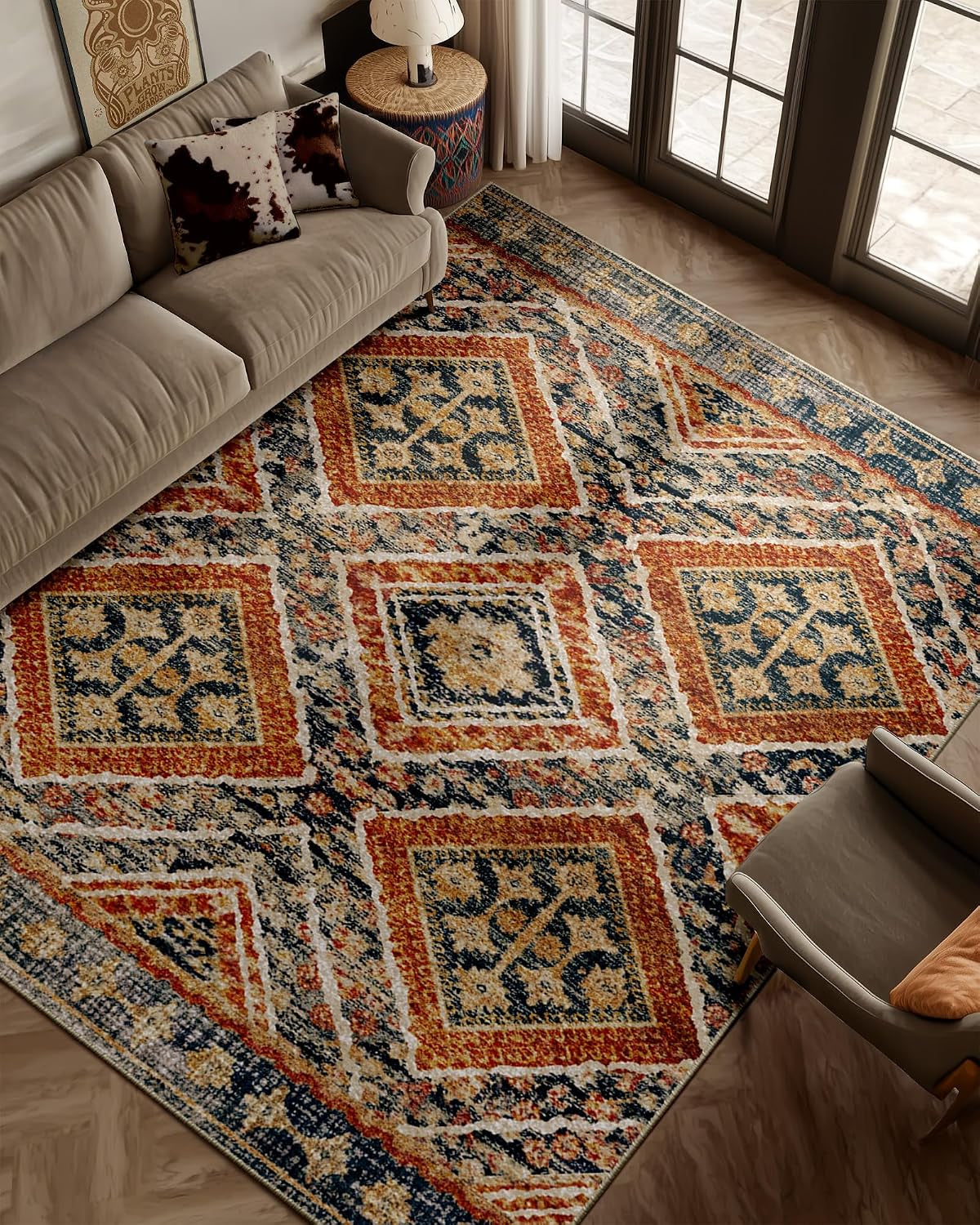 Low Pile Print Pattern Western Area Rug 5X7 Non-Slip - Orange/Brown