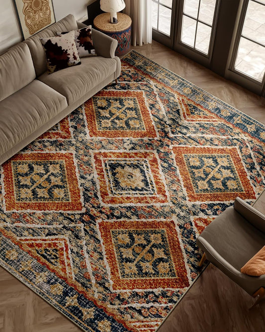 Low Pile Print Pattern Western Area Rug 5X7 Non-Slip - Orange/Brown