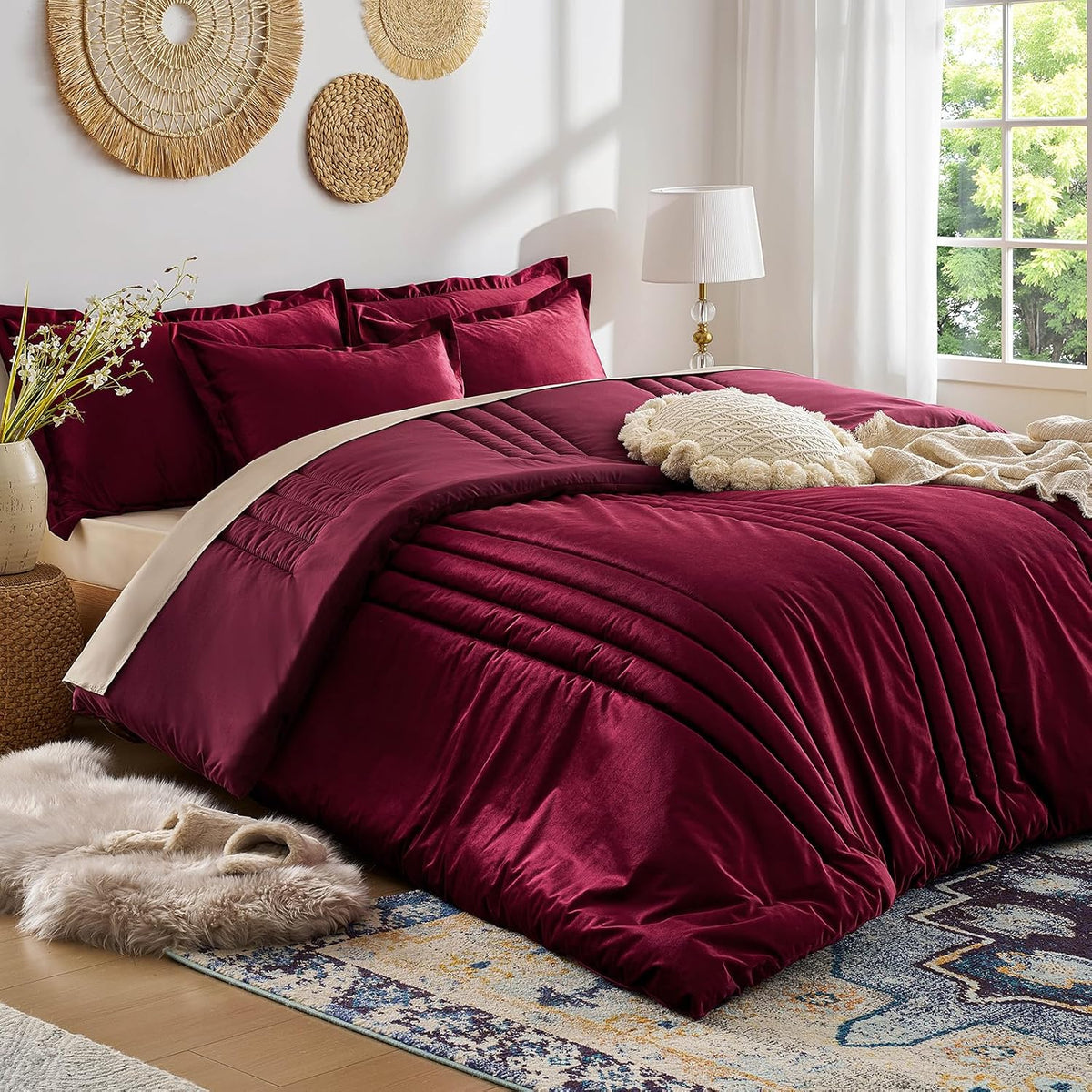 Luxury Burgundy Velvet Queen Size Bed Comforter Set 3 Pieces